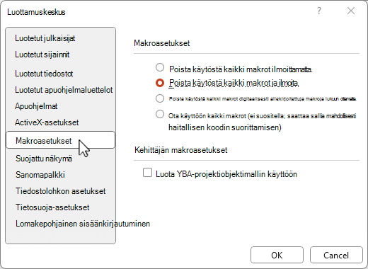Luottamuskeskuksen makroasetukset