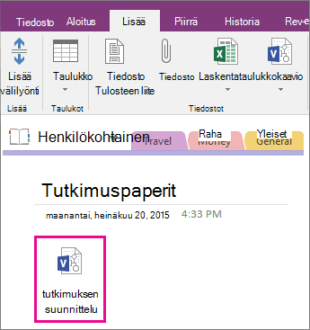 Näyttökuva Visio-tiedoston liittämisestä sivulle OneNote 2016:ssa.
