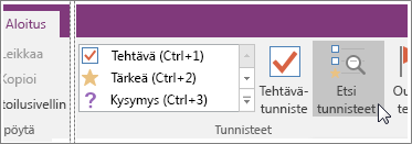 Näyttökuva Etsi tunnisteet -painikkeesta OneNote 2016:ssa