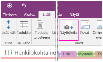 Näyttökuva Lisää näyttöleike -painikkeesta OneNote 2016:ssa