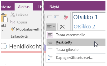 Näyttökuva OneNote 2016:n Kappaleen tasaus -painikkeesta