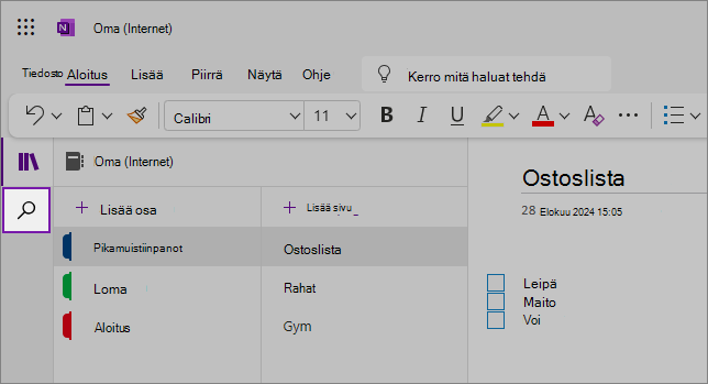 OneNote-verkkokäyttöliittymän näkymä, jossa näkyy sisältöalue