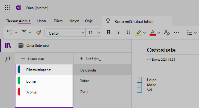 OneNote-verkkokäyttöliittymän näkymä, jossa näkyy sisältöalue