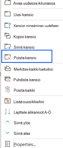 Näyttökuva siirtymisruudussa valittuna olevasta Poista kansio -vaihtoehdosta.