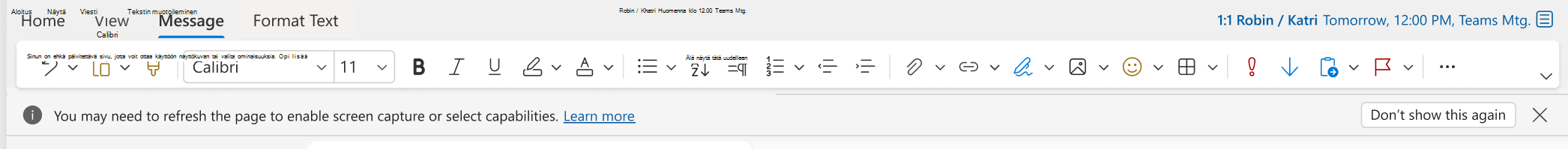 Outlookin verkkoversion tietopalkki, kun näyttökuva ei ole käytettävissä