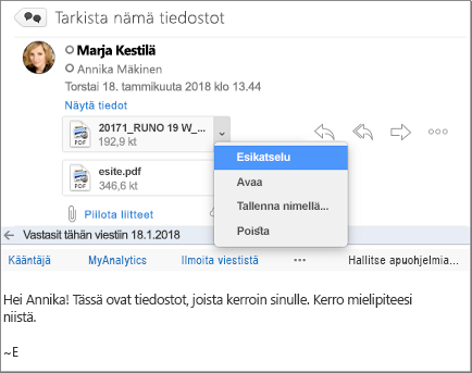 Viesti lukuruudussa liitteen esikatselu korostettuna