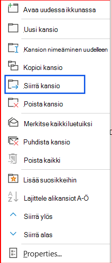 Näyttökuva siirtymisruudussa valittuna olevasta Siirrä kansio -asetuksesta.