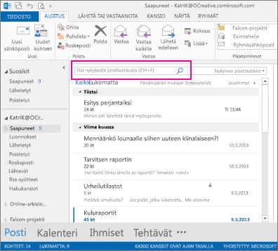 Pikahakuruutu viestien yläpuolella