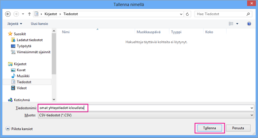 Kirjoita csv-tiedoston nimi ja valitse sitten Tallenna.