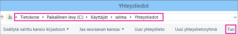 Siirry Yhteystiedot-kansioon ja valitse sitten Tuo.