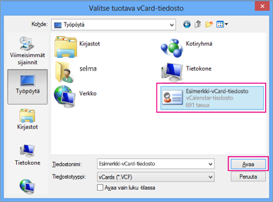 Valitse vCard-tiedosto, jonka haluat tuoda .csv-muotoon.