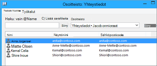 Kun yhteystiedot tuodaan Google Gmailista Office 365, ne näkyvät osoitteistossa: yhteystiedot