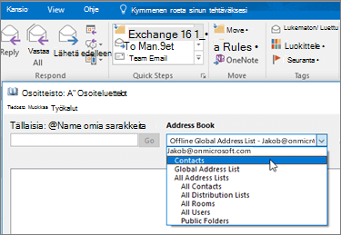 Kun olet tuonut Gmail-yhteystiedot, löydät ne Office 365:ssä valitsemalla osoitekirjan