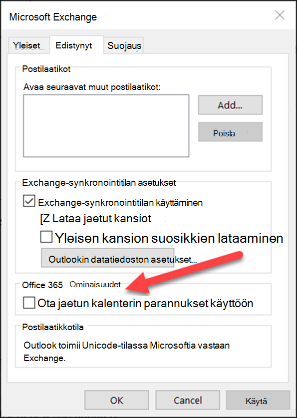 Voit ottaa jaetun kalenterin parannukset käyttöön valintaruudun avulla.
