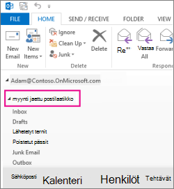 Jaettu postilaatikko näkyy Outlookin kansioluettelossa