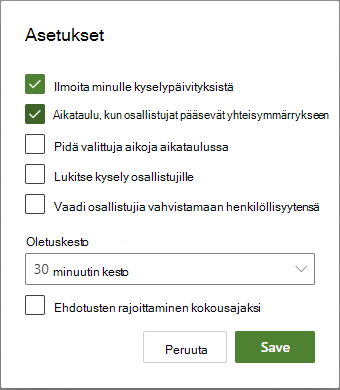 Kyselyn järjestäjien ajoittaminen -kohdassa on käytettävissä eri asetusvaihtoehtoja.