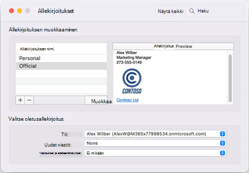 Outlook for Mac Oletusallekirjoitukset-ikkuna
