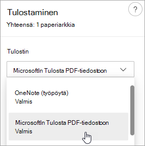 Näyttökuva, jossa näkyy Microsoftin Tulosta PDF-tiedostoon -valinta