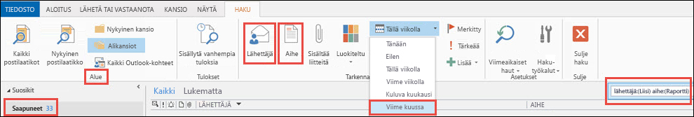 Esimerkki hakutyökalujen asetuksista