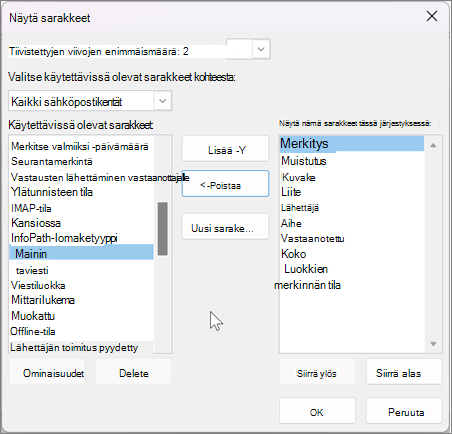 Sarakkeiden asetusten tarkasteleminen Outlookissa