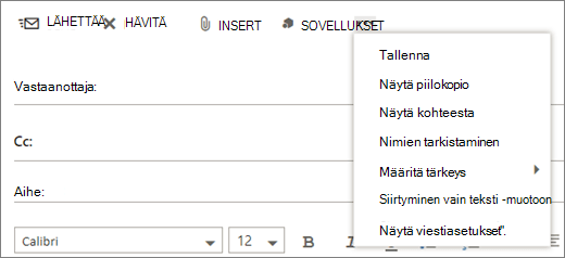 Näyttökuvassa näkyvät sähköpostiviestin työkalurivin Lisää-komennon vaihtoehdot.