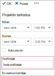 Tiedot-ruutu näyttää Aikatauluavustajan kanssa käytettävän Osallistujat-ruudun