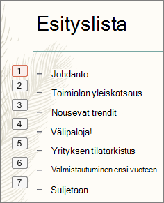 Animaatioiden järjestys käy ilmi luettelokohtien vasemmalle puolelle ilmestyvistä ruuduista