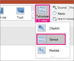 Näyttää Morph-muodonvaihdon Tehosteasetukset-valikon sanat valittuna.