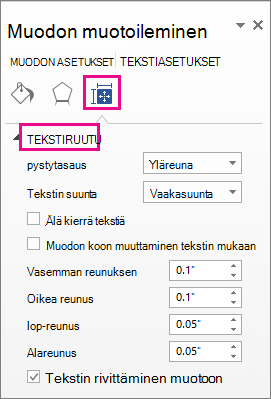 Muotoile muotoa -ruudun tekstiruutuasetukset