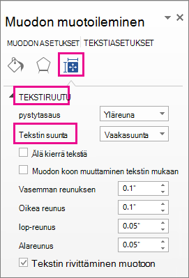 Tekstisuunnan valitseminen Muotoile muotoa -ruudussa.