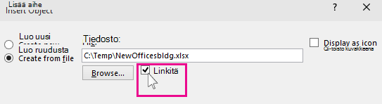 Linkin valitseminen tiedoston lisäämiseksi PowerPointiin