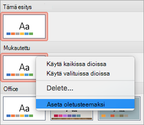 Näyttää Aseta oletusteemaksi -vaihtoehdon mukautetun teeman kohdalla