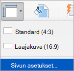 Näyttää Sivun asetukset -vaihtoehdon Dian koko -valikossa