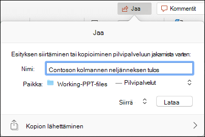 Valintaikkuna, jossa esitys ladataan Microsoftin pilvitallennustilaan saumatonta jakamista varten.