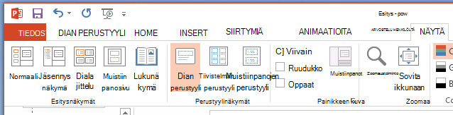 Dian perustyyli -painike on valintanauhan Näytä-välilehdessä.