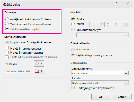näyttää PowerPointin itsenäisen esityksen valintaruudun