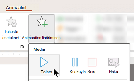 Voit aloittaa äänen toistamisen viiveen jälkeen käyttämällä animaatioasetuksia.