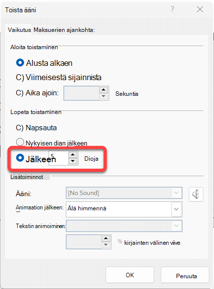 Voit määrittää, kuinka monta diaa äänileike toistetaan.