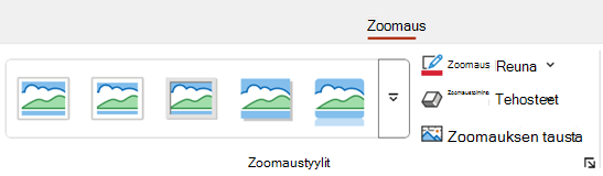 PowerPointin valintanauhan Zoomaus-välilehti sisältää muotoiluasetuksia, kuten reunan ja taustan.