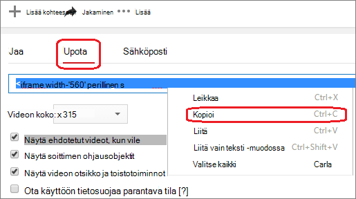 Kopioi iFrame-upotuskoodi