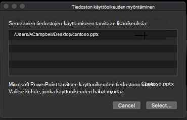 Valintaikkuna, jossa näkyy Mac-käyttöjärjestelmä, joka vaatii lisäoikeuksia tiedoston käyttämiseen.
