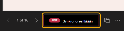 Näyttökuva dian siirtymisruudusta, jossa punainen LIVE-synkronointi esittäjään -painike on korostettuna.