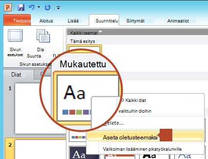 Napsauta hiiren kakkospainikkeella Mukautettu-otsikon alla olevaa uutta teemaa ja valitse sitten Aseta oletusteemaksi.