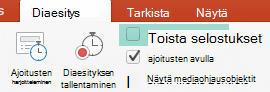 Poista Toista selostukset -valintaruudun valinta Diaesitys-välilehdessä.