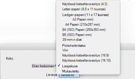 Sivun asetukset -valintaikkunassa on useita esimääritettyjä dian koon vaihtoehtoja