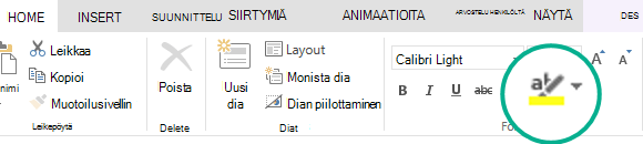 Tekstin korostuskynä-painike on PowerPoint Onlinen valintanauhan Aloitus-välilehdessä