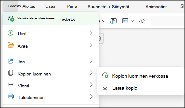 Esityksen tallentaminen tietokoneeseen Lataa kopio -toiminnon avulla