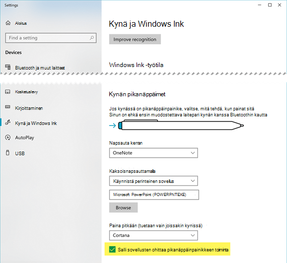 Sinun on ehkä sallittava se, että PowerPoint ohittaa kynän pikakuvakepainikkeen käytöksen.