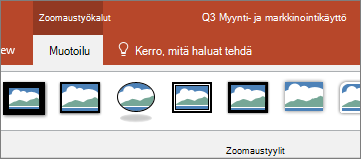 Näyttää Zoomaustoiminnon työkalut -valikon PowerPointin valintanauhan Muotoile-välilehdessä.