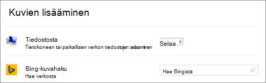 Näyttää Lisää kuva -valintaikkunan PowerPointissa.